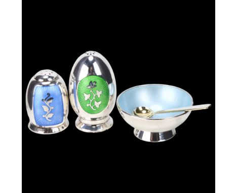 A group of Danish stylised sterling silver and polychrome enamel cruets, comprising 2 pepperettes, salt cellar and spoon, mak