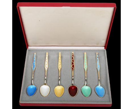 EGON LAURIDSEN - a set of 6 Danish vermeil sterling silver and harlequin enamel coffee spoons, with enamel bowls, length 9.5c