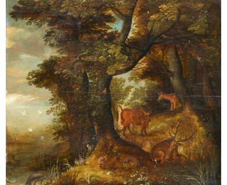 Roelant Savery, Waldlandschaft mit Hirschen und einem RindÖl auf Holz. 42,5 x 47,3 cm.Unten rechts Reste einer Signatur in we