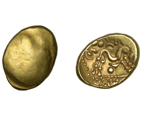 Continental Iron Age, Gallo-Belgic, gold Stater, c. 70-50 BC, series E [Ambiani], Gallic War uniface type, blank, rev. stylis