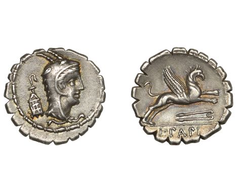L. Papius, serrate Denarius, c. 79, head of Juno Sospita right wearing goatskin headdress, lantern or incense burner behind, 