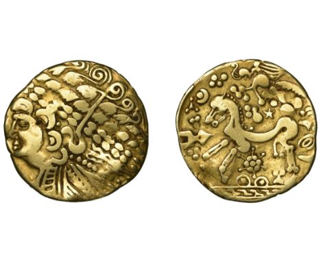 Continental Iron Age, GALLO-BELGIC, gold Stater, c. 150 BC, series Ab [Ambiani, VA], celticised head of Apollo left, with hai