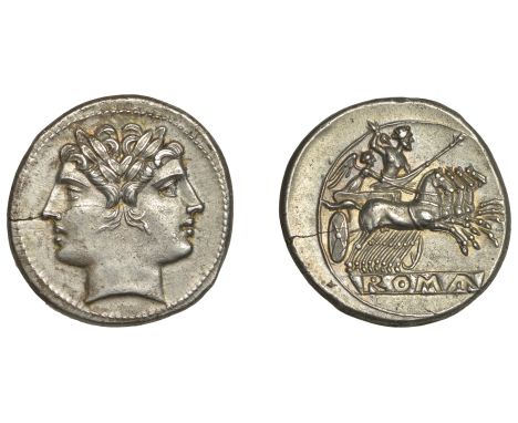 Anonymous, Didrachm (Quadrigatus), c. 225-14, laureate and janiform head of Dioscuri, rev. Jupiter driving quadriga right, dr