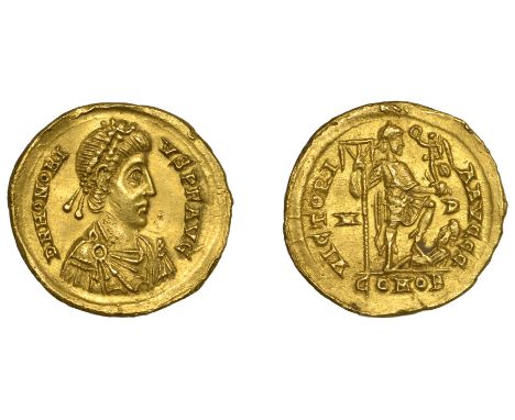 Honorius (393-423), Honorius, Solidus, Mediolanum, 394-5, pearl-diademed, draped and cuirassed bust right, d n honorivs p f a