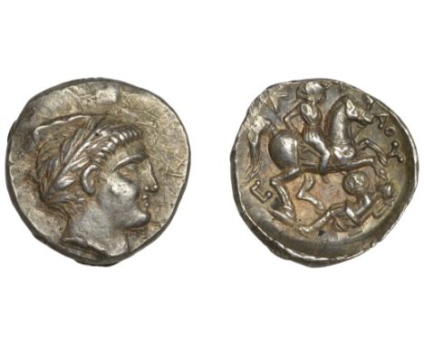 KINGDOM OF PAEONIA, Patraos (335-315): Tetradrachm, struck at Damastion, head of Apollo right, wearing wreath of wild olive, 
