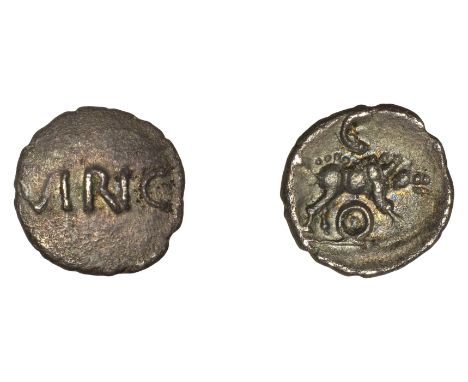 British Iron Age, ATREBATES AND REGNI, Verica, Minim, viric across plain field, rev. boar bounding right, crescent above, ann