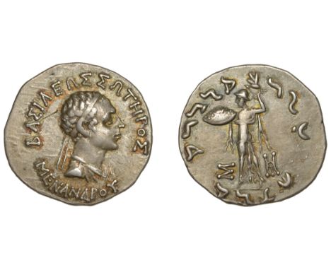KINGDOM OF BAKTRIA, Menander Soter (155-130), Tetradrachm, draped and diademed bust right, βασιλεωσ σωτηποσ μενανδρου around,