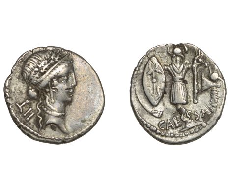 Julius Caesar, Denarius, military mint moving with Caesar, spring-summer 48, diademed head of Pietas right, wearing an oak wr