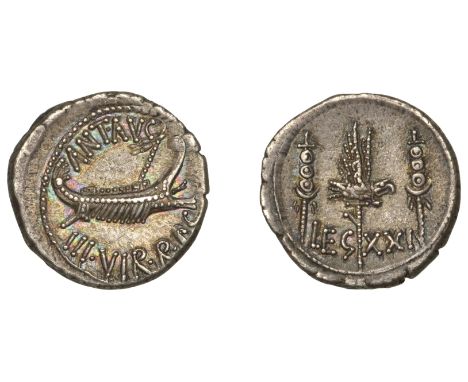 Mark Antony, Denarius, military mint moving with Antony possibly Patrae, 32-1, praetorian galley right, ant avg iii vir r p c