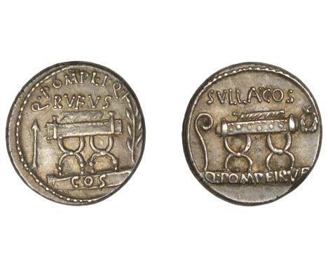 Q. Pompeius Rufus, Denarius, c. 54, curule chair between arrow and laurel branch, q pompei q f above, cos below on tablet, re