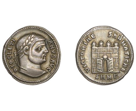 Diocletian (284-305), Diocletian, Argenteus, Nicomedia, 295, laureate head right, diocletianvs avg around, rev. four-turreted