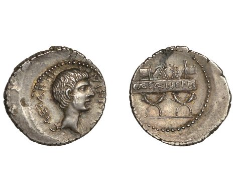 Octavian, Denarius, military mint moving with Octavian in Italy, 42, bearded bust right, caesar iii vir r [p c] around, rev. 