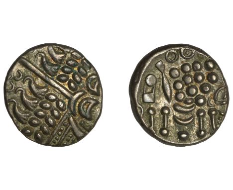 British Iron Age, DUROTRIGES, Uninscribed issues, silver Stater, disjointed head of Apollo, rev. disjointed horse left, arch 