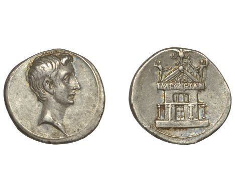 Octavian, Denarius, uncertain Italian mint, c. 29-7, bare head right, rev. imp caesar in pediment of colonnaded temple, Victo