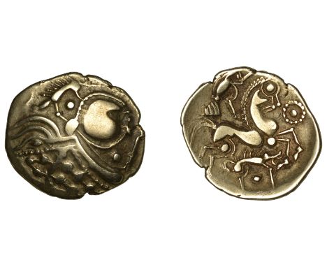 Continental Iron Age, NORTHERN GAUL, Aulerci Eburovices, gold Hemistater, 1st century BC, diademed head left with large, heav