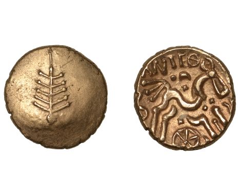 British Iron Age, DOBUNNI, Anted (AD 20 - 43), Stater, Dobunnic leaf emblem, rev. anted, triple-tailed horse bounding right, 