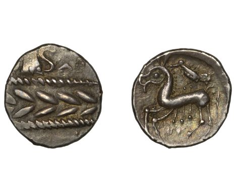 Continental Iron Age, BOII, silver Drachm, 50 BC, Tótfalu type, wreath pattern, torque below, rev. horse with large ‘pincer’ 
