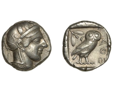 ATTICA, Athens, Tetradrachm, late standardised type, c. 440-405, helmeted head of Athena right, rev. owl standing right, oliv