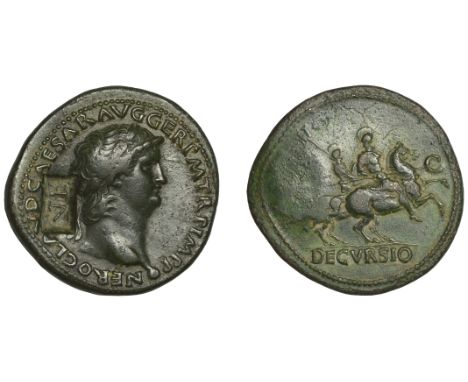 Nero (54-68), Nero, Sestertius, Lugdunum, 66, Countermarked under Vitellius in 68, laureate bust right, small globe at point 