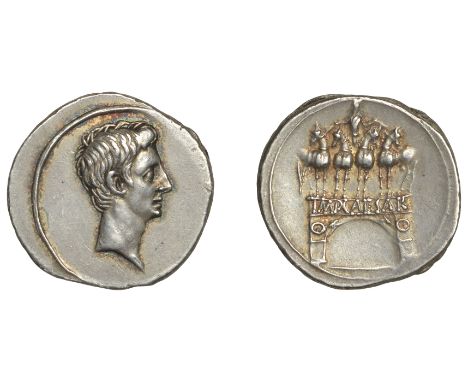 Octavian, Denarius, uncertain Italian mint, c. 29-7, bare head right, rev. imp caesar in triumphal arch surmounted by quadrig