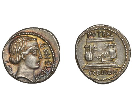 L. Scribonius Libo, Denarius, c. 62, diademed head of Bonus Eventus right, libo bon event around, rev. Puteal Scribonianum de