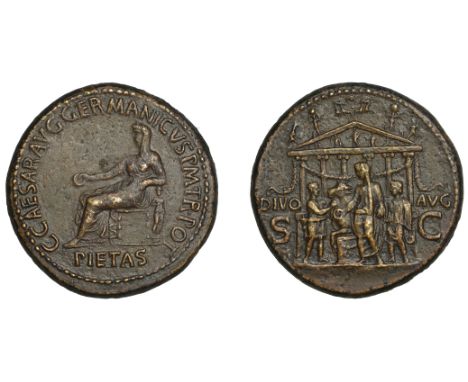 Caligula [Gaius] (37-41), Caligula, Sestertius, Rome, 40-1, Pietas seated left, holding patera, resting arm on small draped f