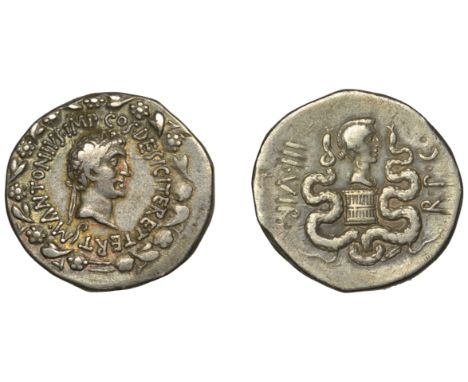 Mark Antony and Octavia, Cistophoric Tetradrachm, Epheseus [Ionia], 39 BC, head of Mark Antony head right, wreathed in ivy as