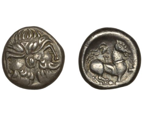 Continental Iron Age, DACIA, silver Tetradrachm, c. 150 BC, Doppelkopf type, Janiform head of zeus with stylised hair, rev. h