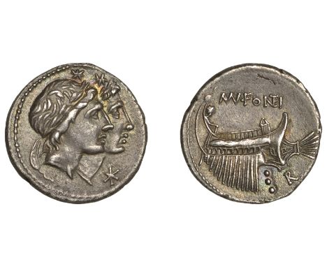 Mn. Fonteius, Denarius, c. 108-7, laureate and jugate heads of Dioscuri, x crossed before, rev. galley right, mn fontei above