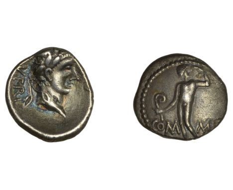 British Iron Age, ATREBATES and REGNI, Verica, silver Unit, standing man holding lituus dividing com mif, rev. laureate bust 