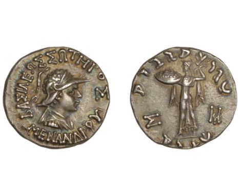 KINGDOM OF BAKTRIA, Menander Soter (155-130), Tetradrachm, draped bust right wearing cavalry helmet decorated with royal diad