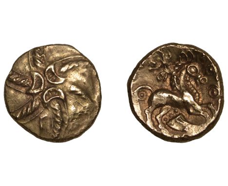British Iron Age, CATUVELLAUNI, Addedomaros (45 - 25 BC), Stater, class 3, spiral of six limbs, three crescents in centre, re