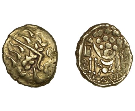 British Iron Age, BELGAE, Early Uninscribed issues, Stater, British B [Chute type], degraded head of Apollo right, rev. horse