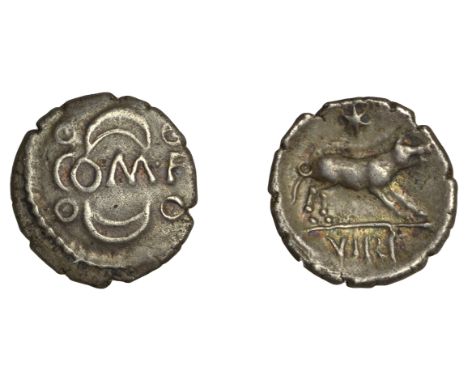 British Iron Age, ATREBATES and REGNI, Verica, silver Unit, comf between two crescents, rev. boar right, star above, viri in 