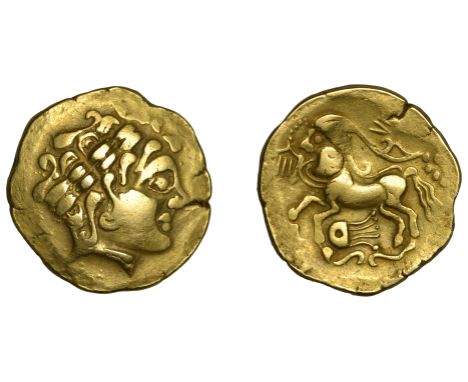 Continental Iron Age, NORTHERN GAUL, The Treveri, gold Stater, early 1st Century BC, stylised head of Apollo right, rev. huma