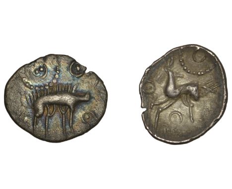 British Iron Age, CORIELTAUVI, Early Uninscribed issues, silver Unit, Proto-Boar type, boar right, no spear in back, large pe