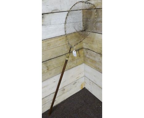 Vintage folding metal framed landing net, the screw on wooden handle with brass fittings engraved CEC, YORKSHIRE CLUB YORK, L