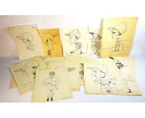Collection of original pen, ink and pencil caricatures of Jockeys c1940's-50's by Frank R Thompson, including autographed exa