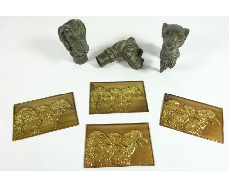 Three cast metal stick handles in the form of a Hound, Hound with game & a Bulldog and four Borzoi plaques (7)    Condition R