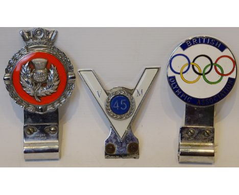 Olympics - Enamel & chrome British Olympic Association car badge by Pinches London, a J R Gaunt Scotland Thistle chrome car b