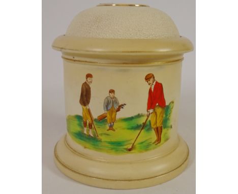 Golf - W&R Carlton Ware tobacco jar decorated with golfers and motto 'Far and Sure' with inner cover and match striker top, p