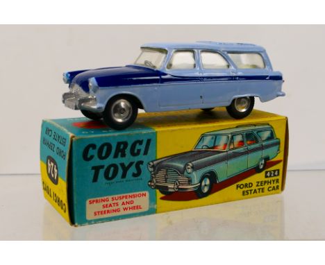 Corgi Toys - A boxed Corgi Toys #424 Ford Zephyr Estate Car. The model with pale blue body, blue bonnet and side flash, lemon