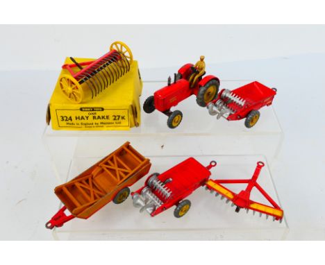 Dinky - A collection of farm models including a Massey Harris tractor # 27a, 2 x Massey Harris Manure Spreader trailers # 27c