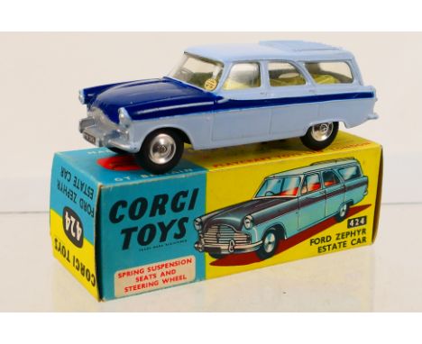 Corgi Toys - A boxed Corgi Toys #424 Ford Zephyr Estate Car. The model with pale blue body, blue bonnet and side flash, lemon