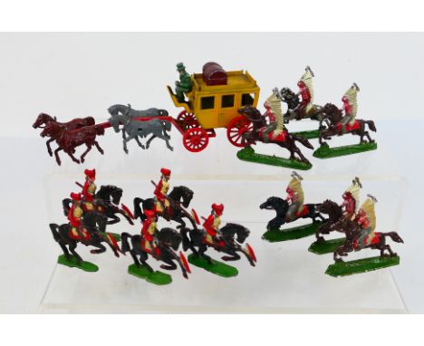 Modern Products - An unboxed Coach and Horses set by Modern Products with 4 horses, a driver and a travel trunk. Also 5 x mou