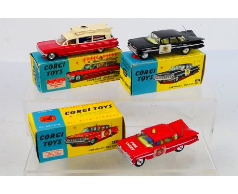 Corgi Toys - Three boxed diecast US emergency vehicles from Corgi. Lot consists of #437 Suyperior Ambulance; #223 Chevrolet '