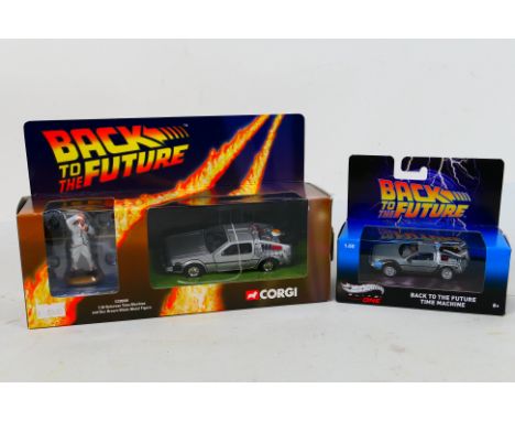 Corgi - Hot Wheels - 2 x boxed Back To The Future models, a 1:50 scale DeLorean # BLY16 and a 1:36 scale DeLorean with Doc Br