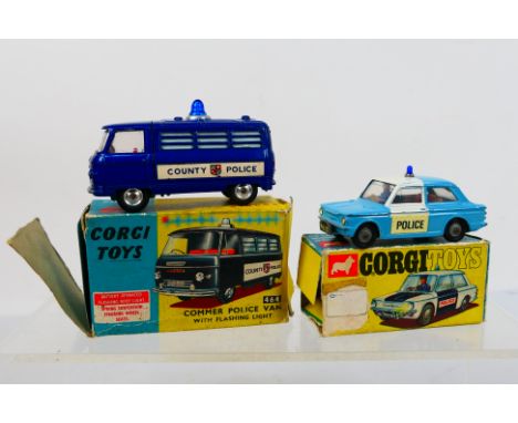 Corgi Toys - Two boxed diecast Police vehicles from Corgi. Lot includes #464 Commer Police Van with flashing light; plus #506