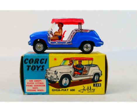 Corgi Toys - A boxed Corgi Toys #240 Fiat 600 Jolly. The model with blue body, red interior with silver/red top and two figur
