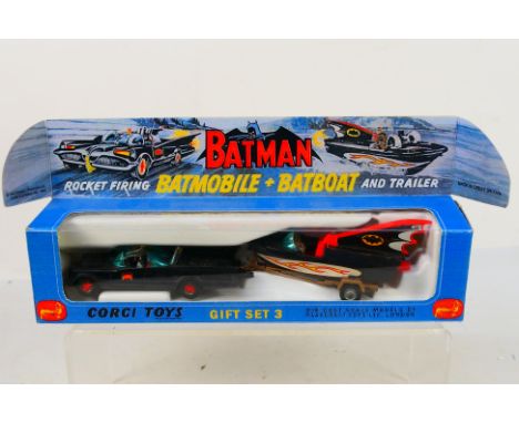 Corgi Toys - A boxed Corgi Toys Gift Set 3 Batmobile and Batboat. The matt black Batmobile with tow hook covering, appears to
